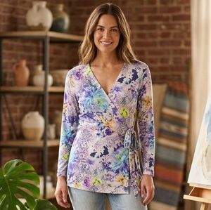 {Women with Control} Floral V-Neck Blouse with Side Tie - Size MP